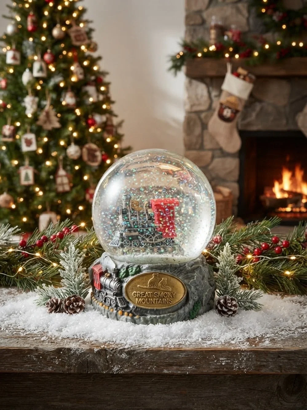 Mini Snow Globe Smokey Mountains Tn Train Holiday Decor - Red & Green Train